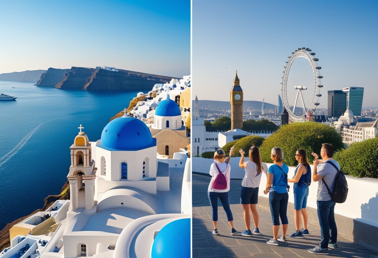 Oplev de bedste seværdigheder i Santorini og London